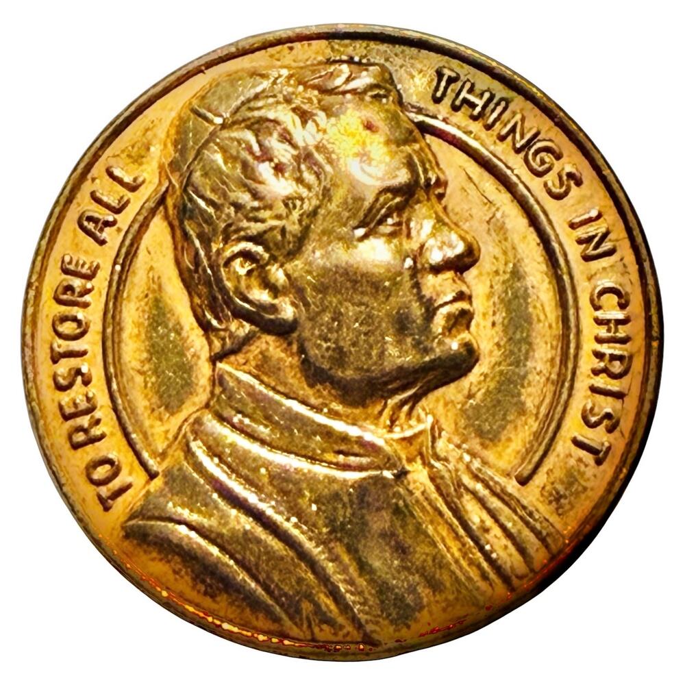 Pope Pius X To Restore All Things In Christ Vintage Medal Pin Brooch Gold Tone